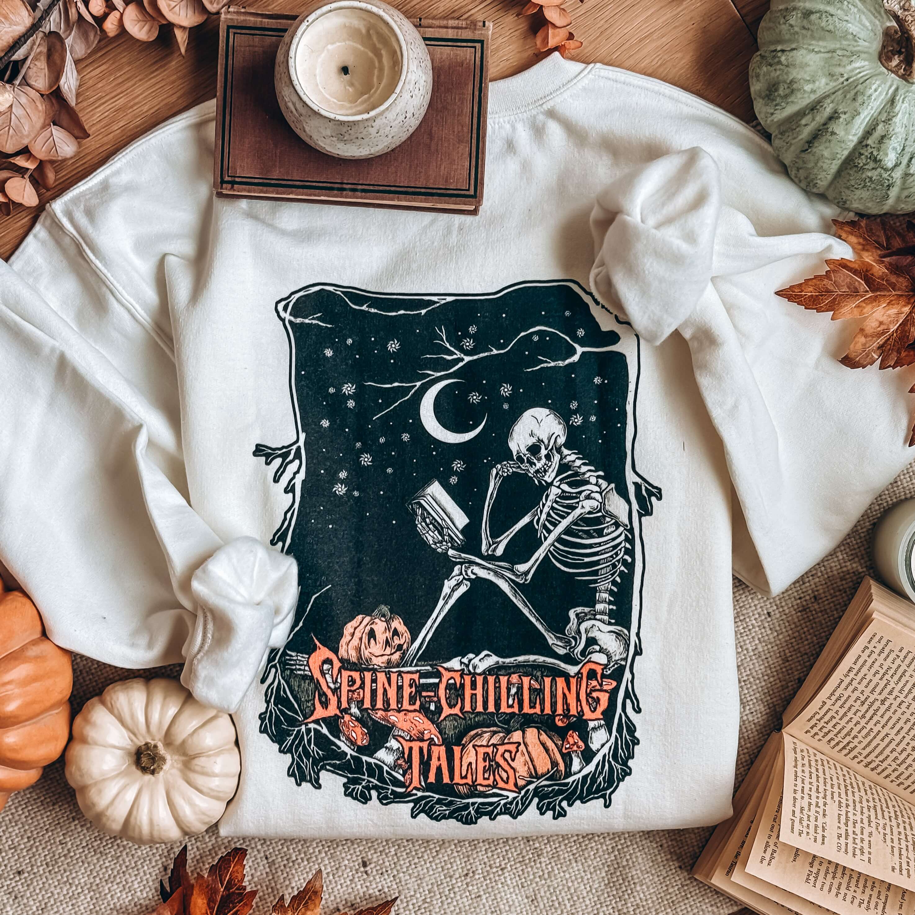 Spine-Chilling Tales Skeleton Sweatshirt — White - Image 2